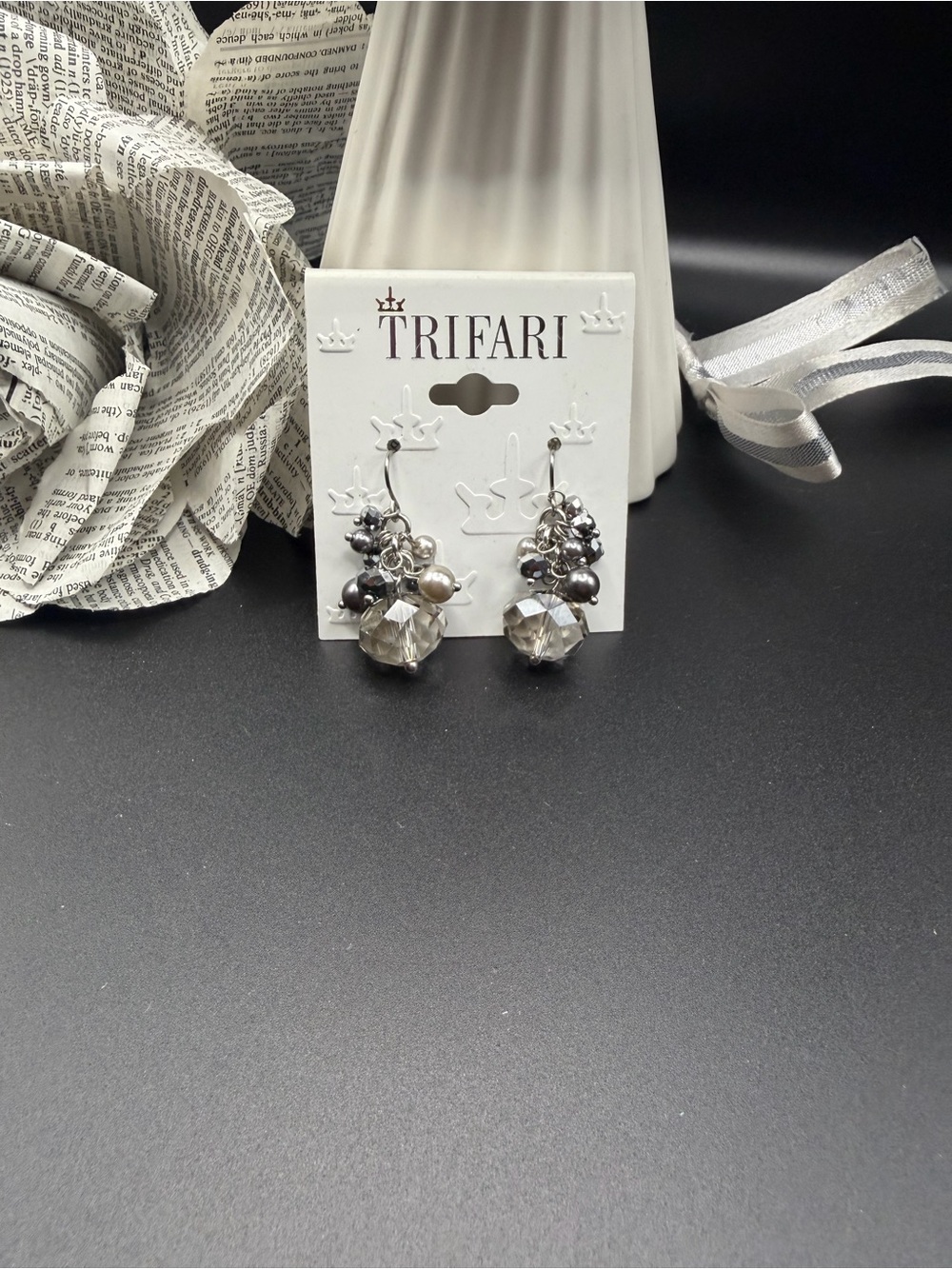 Trifari Silver and Gray Cluster Drop Earrings with Smoky Crystals